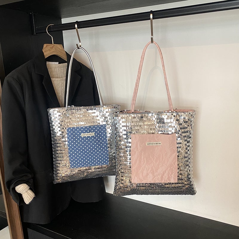 Trendy Silver Sequin Large Bag For Women 2026 New Fashion Commuter Tote Bag Summer Textured Shoulder Underarm Bag - Image 2