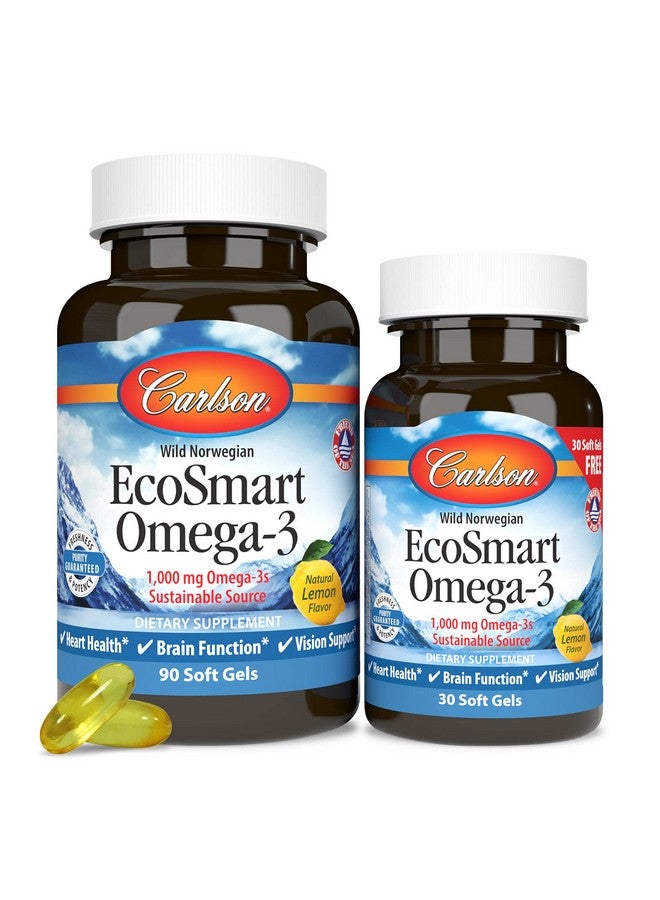 Carlson - EcoSmart Omega-3, 1000 mg Omega-3s Sustainable Source, Heart Health, Brain Function & Vision Support, Lemon, 90+30 soft gels - Image 5