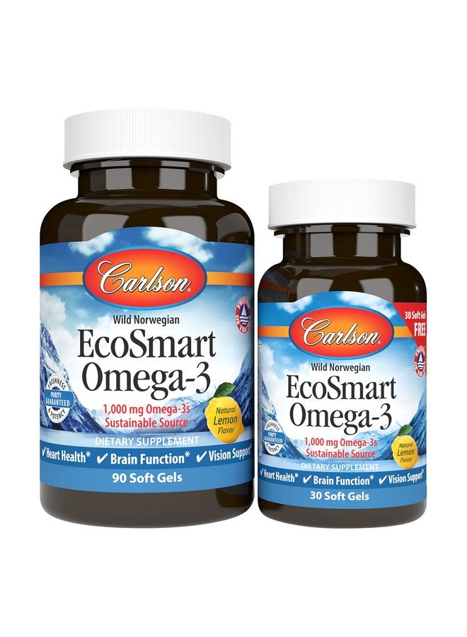Carlson - EcoSmart Omega-3, 1000 mg Omega-3s Sustainable Source, Heart Health, Brain Function & Vision Support, Lemon, 90+30 soft gels - Image 1