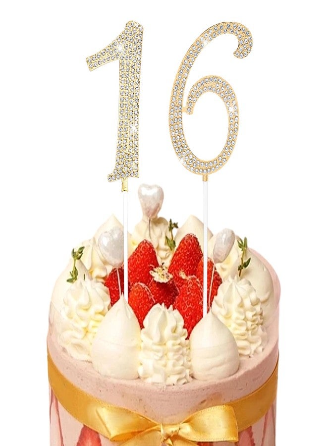DOPENSPI 16 Cake Topper, Rhinestone 16th Birthday Cake Topper Happy 16 Crystal Rhinestones Cakes Toppers Crystal Rhinestones Birthdays Cakes Decoration for Quinceanera Birthday Anniversary(Gold) - Image 1