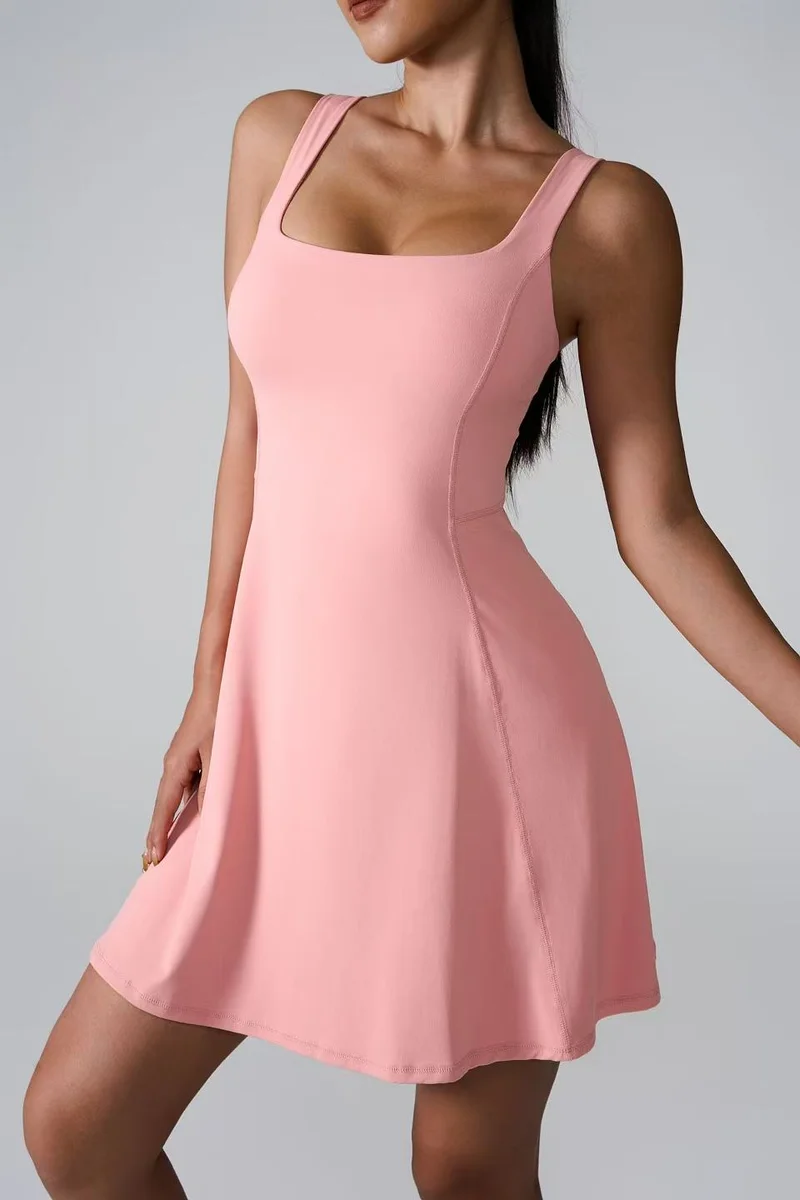 SVL Women's Active Dress with Built-In Bra, Removable Pads, Inner Shorts and Hidden Pocket - Light Pink - SVL