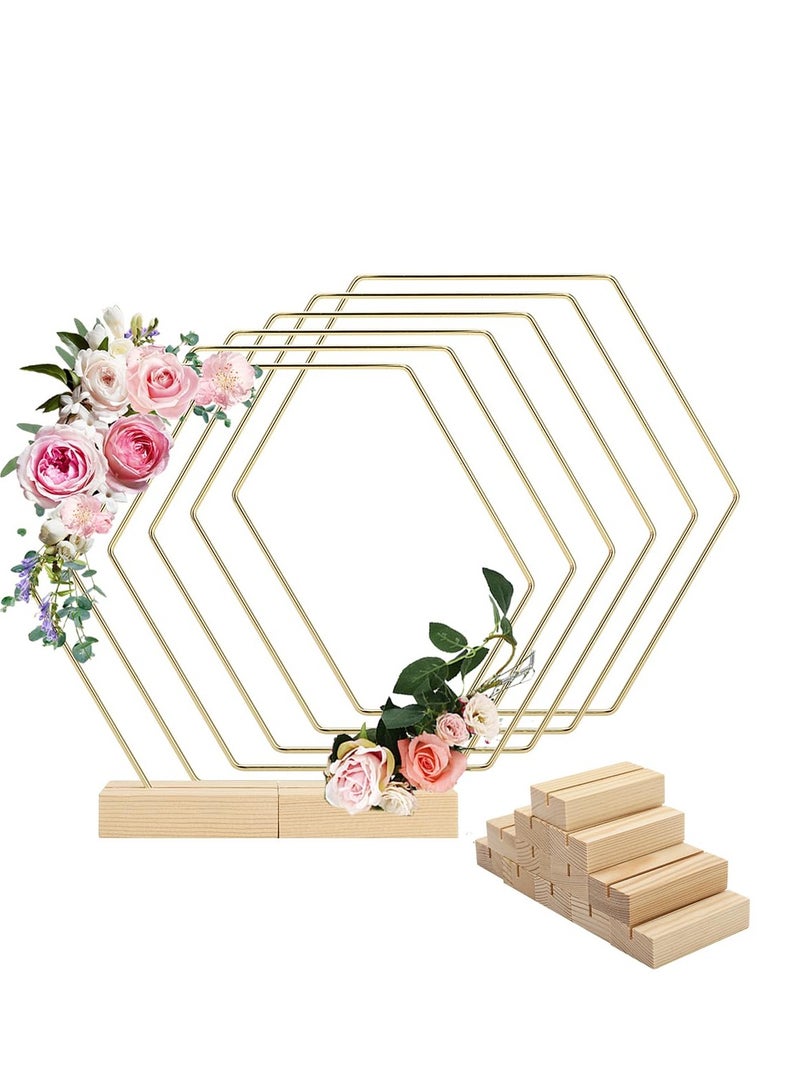 SOLARAE 6 Pack 8 Inch Hexagonal Metal Floral Hoop Centerpiece and 12 Pieces Wooden Stands for Table, Gold Metal Rings for Making Wedding Table Wreath Decor, Wall Hanging Wreaths and Dream Catchers - Image 1