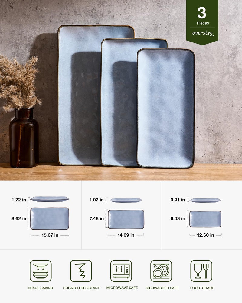 Famiware Serving Platter, Rectangular 15.67/14.1/12.6inch Serving Dishes for Entertaining, Reactive Glaze, Stoneware Serving Trays for Party, Food, Turkey, Snack, Cheese, Ocean Series, Blue - Image 2