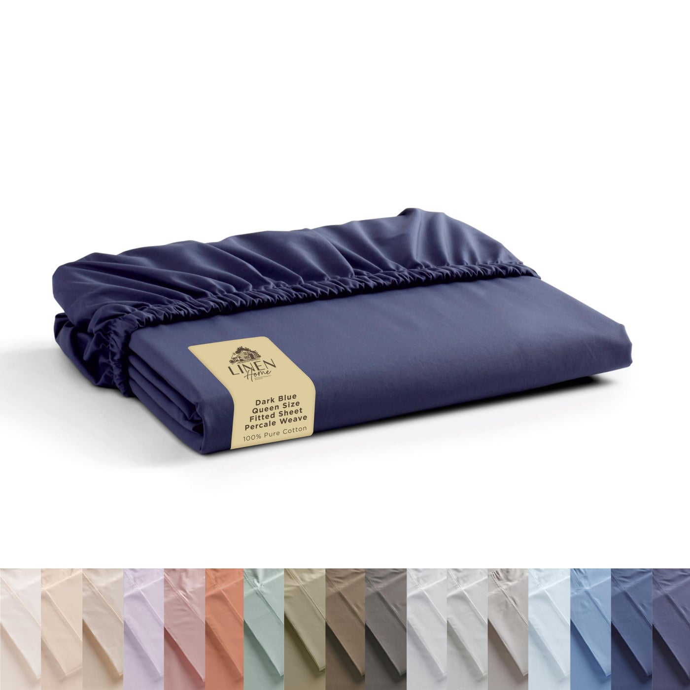 Linen Home 100% Cotton Percale Fitted Sheet Queen Size, Dark Blue, 1 Deep Pocket Fitted Sheet, Crisp and Cool Strong Bed 60"X80"+15"