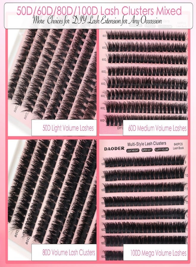 DAODER Thick Short Lash Clusters Kit 640pcs 50D 60D 80D 100D Mixed Volume 3D Eyelash Extension Cluster Fluffy D Curl with Lash Remover Wispy Lashes Cluster with Bond And Seal 9-13mm - Image 5
