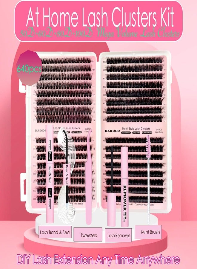 DAODER Thick Short Lash Clusters Kit 640pcs 50D 60D 80D 100D Mixed Volume 3D Eyelash Extension Cluster Fluffy D Curl with Lash Remover Wispy Lashes Cluster with Bond And Seal 9-13mm - Image 2
