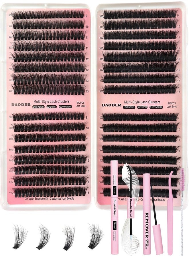 DAODER Thick Short Lash Clusters Kit 640pcs 50D 60D 80D 100D Mixed Volume 3D Eyelash Extension Cluster Fluffy D Curl with Lash Remover Wispy Lashes Cluster with Bond And Seal 9-13mm - Image 1