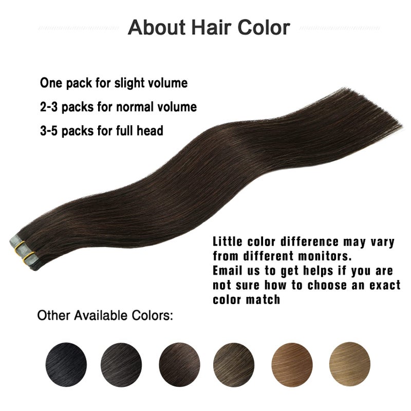 Aison Dark Brown Tape in Hair Extensions Human Hair 100% Remy Human Hair Extensions Silky Straight for Fashion Women 20 Pcs/Package(14Inch #2 30g) - Image 4