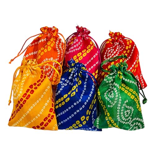 KRIWIN Pack of 30pcs Bandhej Print Silk Potli Bags, 12 x 18 cm, Multicolour Gift Pouches for Cash and Jewellery - Image 1
