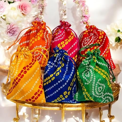 KRIWIN Pack of 30pcs Bandhej Print Silk Potli Bags, 12 x 18 cm, Multicolour Gift Pouches for Cash and Jewellery - Image 4