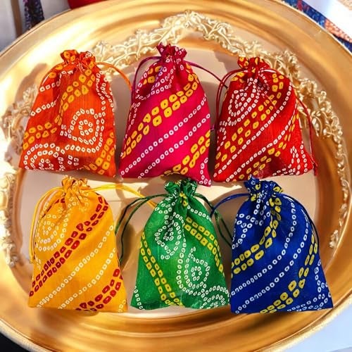 KRIWIN Pack of 30pcs Bandhej Print Silk Potli Bags, 12 x 18 cm, Multicolour Gift Pouches for Cash and Jewellery - Image 5