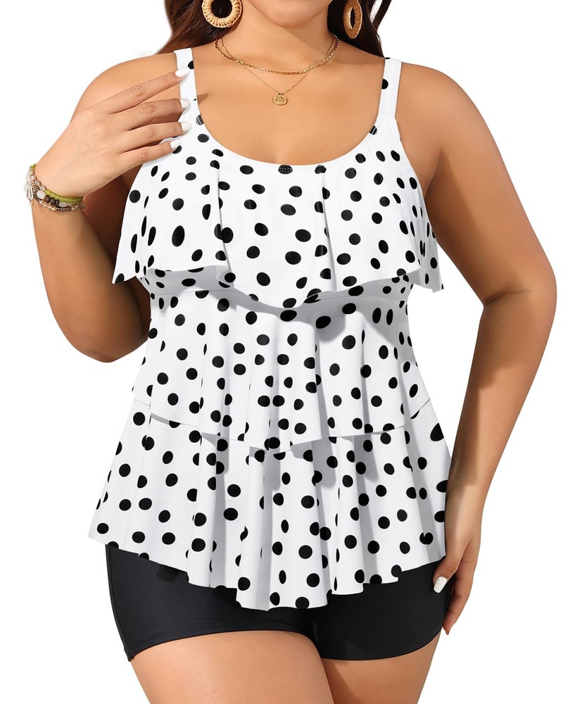 Yonique Women's Plus Size Tankini Swimsuits with Shorts Two Piece Bathing Suits Ruffle Swimsuits Tummy Control Swimwear White Polka Dots 16W - Image 1