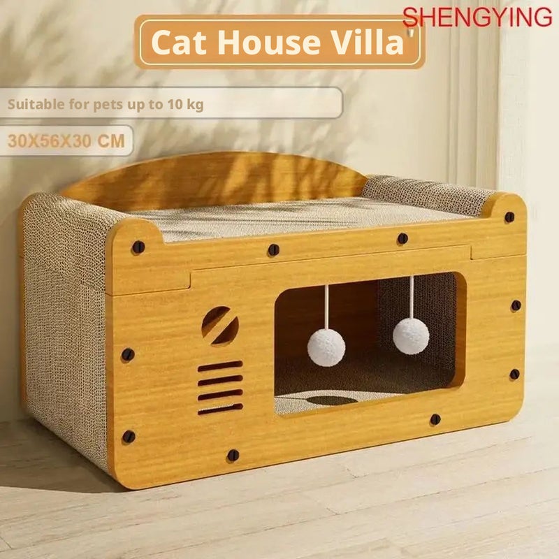 Cat Villa with Scratching Board, Wooden Climbing House - Image 1