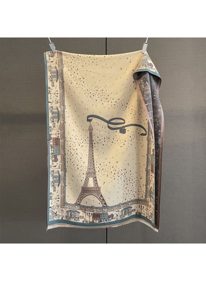 pincai New French Retro Style Ribbon Eiffel Tower Jacquard Scarf Women's Autumn Winter Versatile Atmosphere Warmth Outerwear Neck Warmer - Image 5