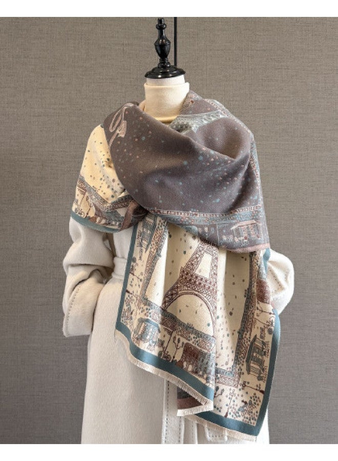 pincai New French Retro Style Ribbon Eiffel Tower Jacquard Scarf Women's Autumn Winter Versatile Atmosphere Warmth Outerwear Neck Warmer - Image 1