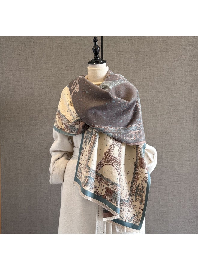 pincai New French Retro Style Ribbon Eiffel Tower Jacquard Scarf Women's Autumn Winter Versatile Atmosphere Warmth Outerwear Neck Warmer - Image 2