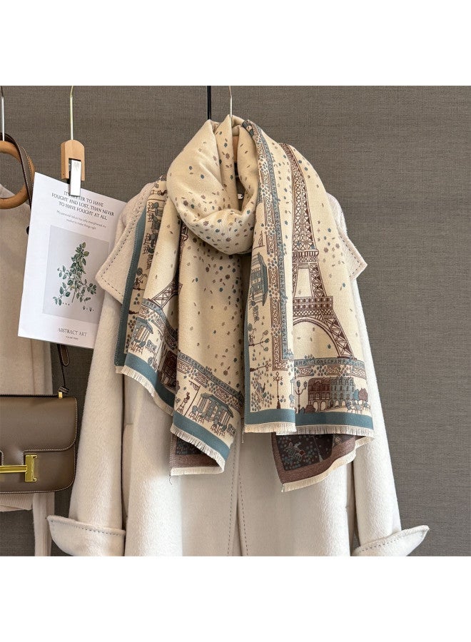 pincai New French Retro Style Ribbon Eiffel Tower Jacquard Scarf Women's Autumn Winter Versatile Atmosphere Warmth Outerwear Neck Warmer - Image 4