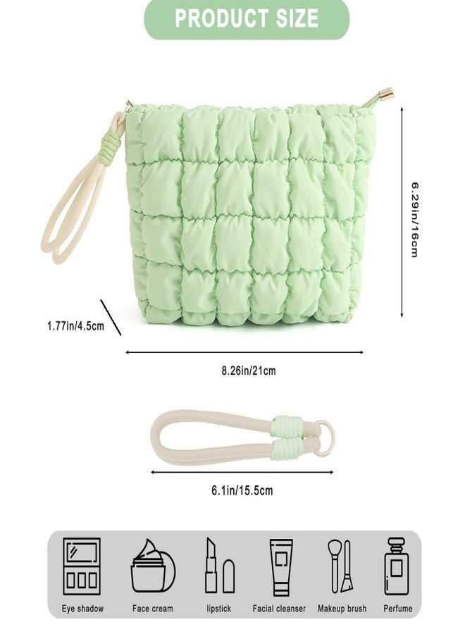 DOB SECHS Puffer Quilted Makeup Bag with Handle Detachable Cute Puffy Cotton Cosmetic Bag for Women, Small Toiletry Zipper Make Up Pouch, Checkered Quilt Clutch Bag Travel Storage Pouches Case, Green - Image 2