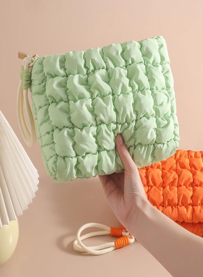 DOB SECHS Puffer Quilted Makeup Bag with Handle Detachable Cute Puffy Cotton Cosmetic Bag for Women, Small Toiletry Zipper Make Up Pouch, Checkered Quilt Clutch Bag Travel Storage Pouches Case, Green - Image 3
