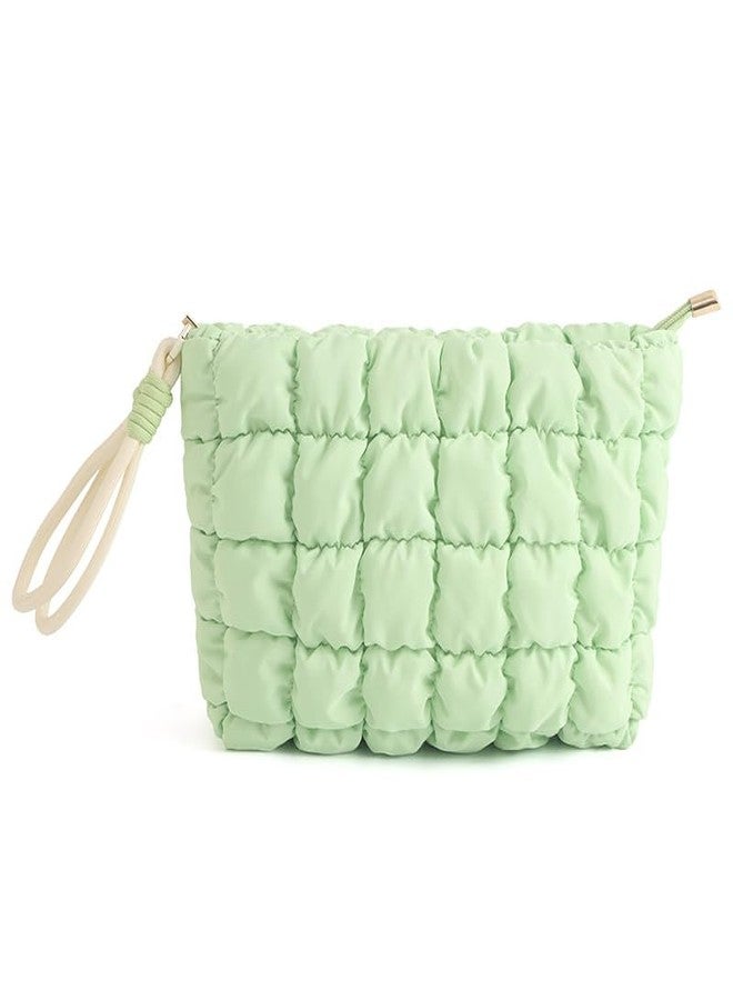 DOB SECHS Puffer Quilted Makeup Bag with Handle Detachable Cute Puffy Cotton Cosmetic Bag for Women, Small Toiletry Zipper Make Up Pouch, Checkered Quilt Clutch Bag Travel Storage Pouches Case, Green - Image 1