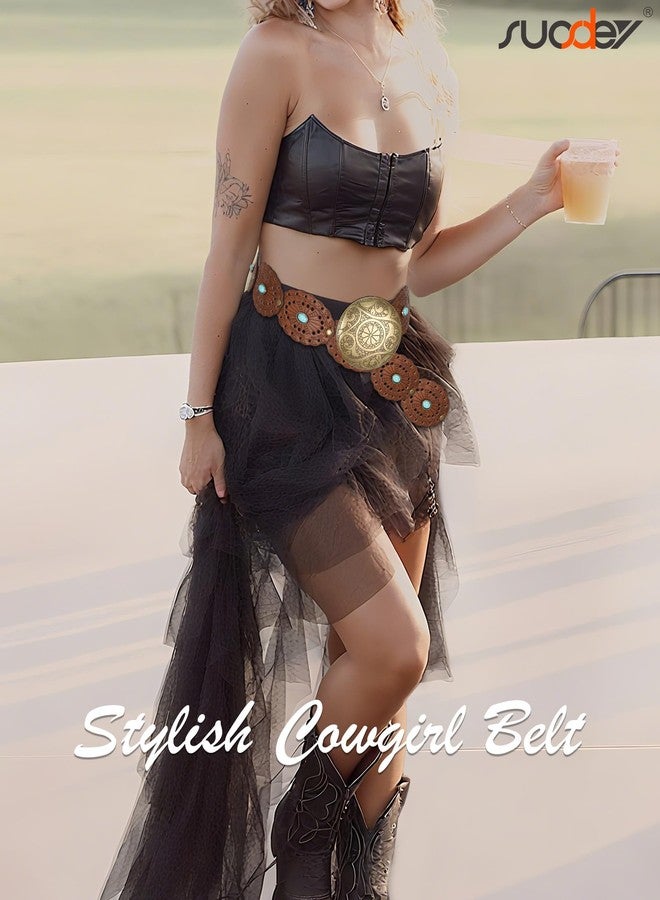 سوزدي حزام SUOSDEY عريض بني اللون بتصميم غربي مزين بالفيروز، مناسب للنساء، بتصميم رعاة البقر، بنمط بوهيمي ريفي، مصنوع من الجلد، مناسب للجينز والفساتين، عرضه 2.36 بوصة. - Image 4