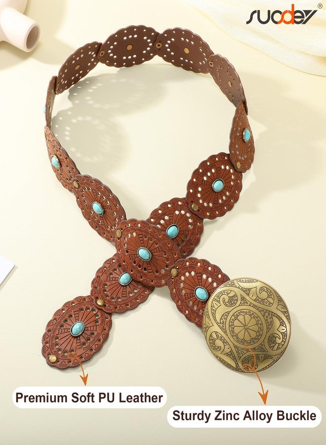 سوزدي حزام SUOSDEY عريض بني اللون بتصميم غربي مزين بالفيروز، مناسب للنساء، بتصميم رعاة البقر، بنمط بوهيمي ريفي، مصنوع من الجلد، مناسب للجينز والفساتين، عرضه 2.36 بوصة. - Image 5