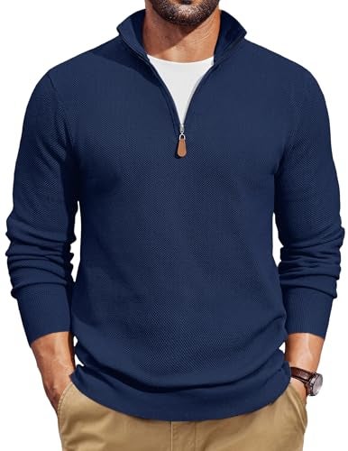 COOFANDY Mens Quarter Zip Pullover Collar Half Zip Slim Fit Golf Sweater Christmas Turtle Neck Winter Sweaters Navy Blue - Image 1