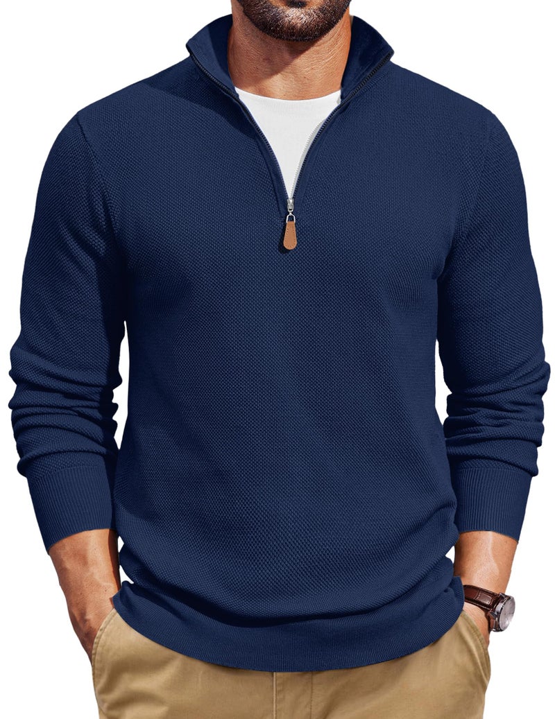 COOFANDY Mens Quarter Zip Pullover Collar Half Zip Slim Fit Golf Sweater Christmas Turtle Neck Winter Sweaters Navy Blue - Image 2
