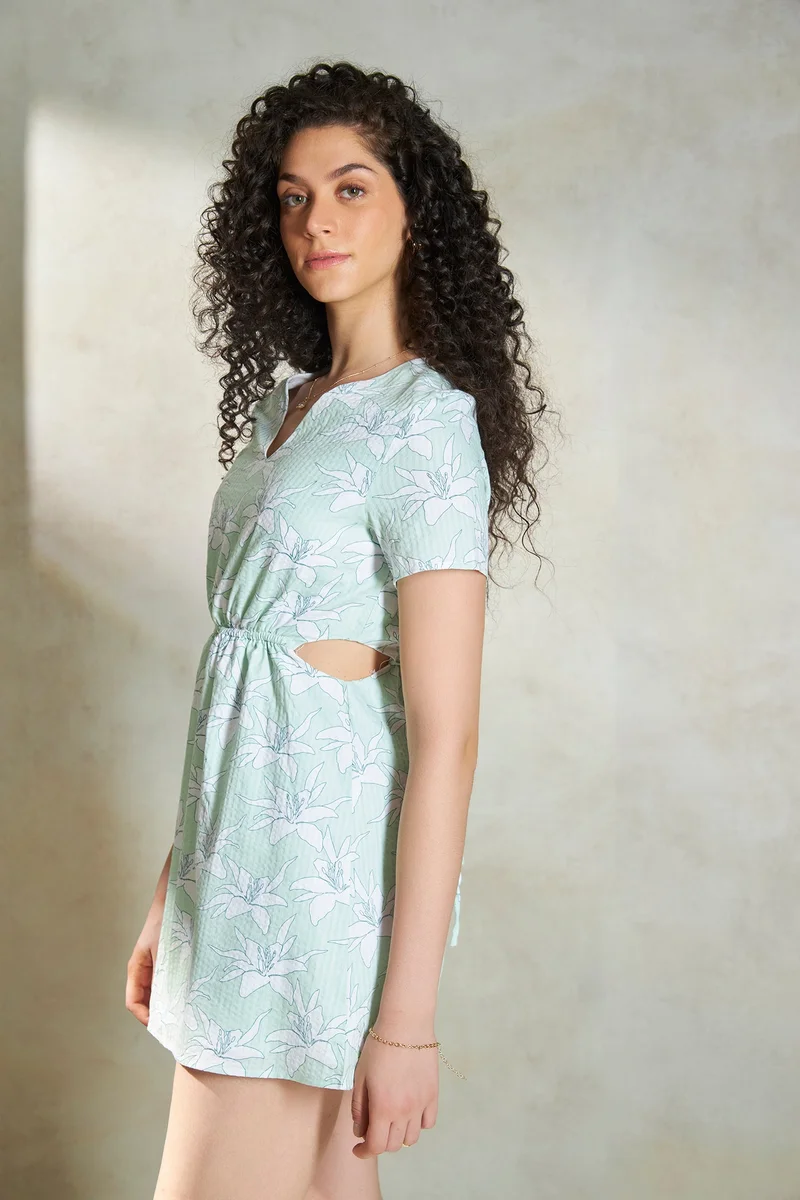 Virgio Floral Cotton Floral Waist Cutout Mini Dress for Women