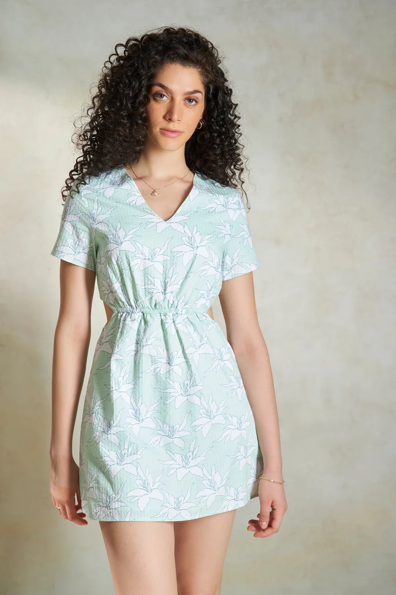 Virgio Floral Cotton Floral Waist Cutout Mini Dress for Women