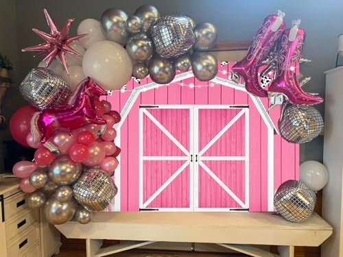 LTDKAEN Pink Barn Door Backdrop Wooden Barn Door Farmhouse Photography Rustic Farm Backdrop Country Scene Farm Party Decoration Photo Props for Party(7×5FT) - Image 3