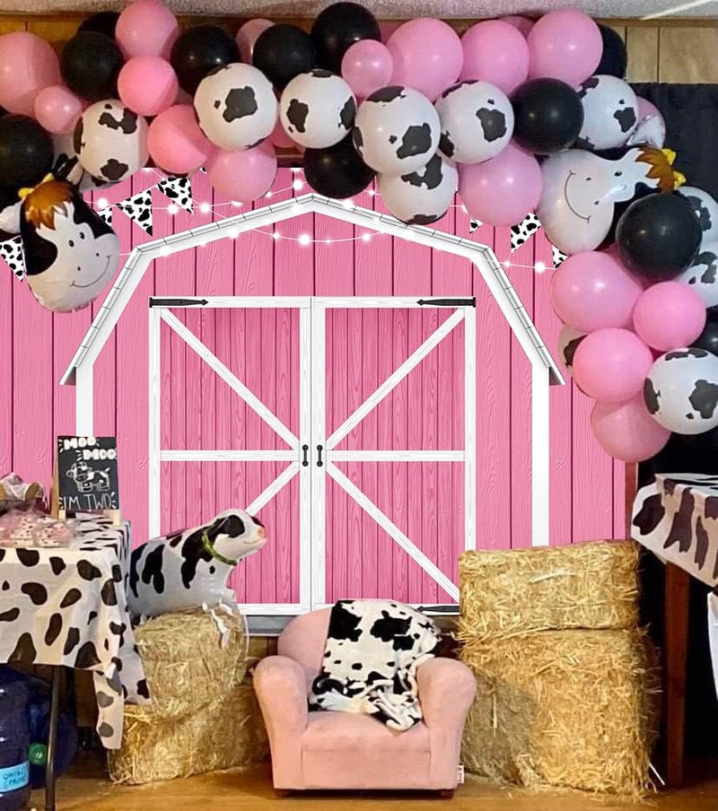 LTDKAEN Pink Barn Door Backdrop Wooden Barn Door Farmhouse Photography Rustic Farm Backdrop Country Scene Farm Party Decoration Photo Props for Party(7×5FT) - Image 2