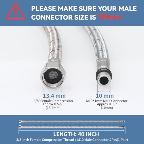 Homevacious 40-Inch Long Bathroom Kitchen Faucet Connector Braided Supply Hose 3/8-Inch Female Compression Stainless Steel Sink Faucet Connection Thread x M10 Male Connector x 2 Pcs (1 Pair) - Image 2