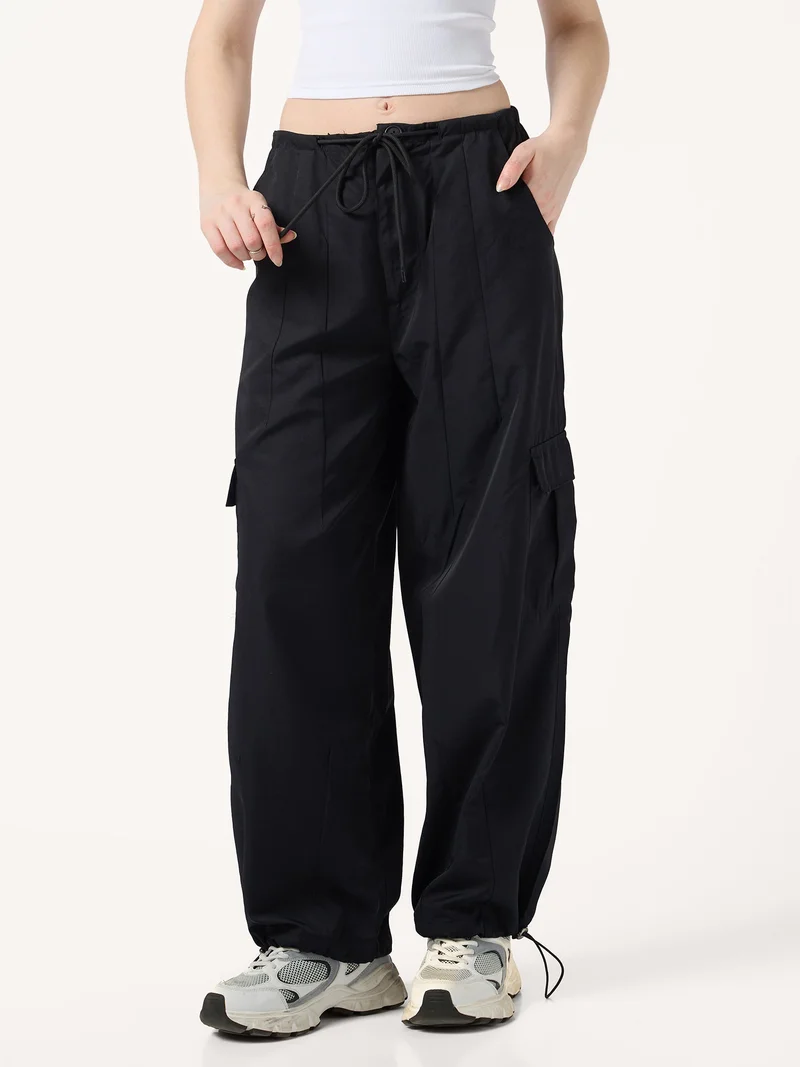 OUTZIDR Black Cargo Pockets Drawstring Wid Leg Trouser