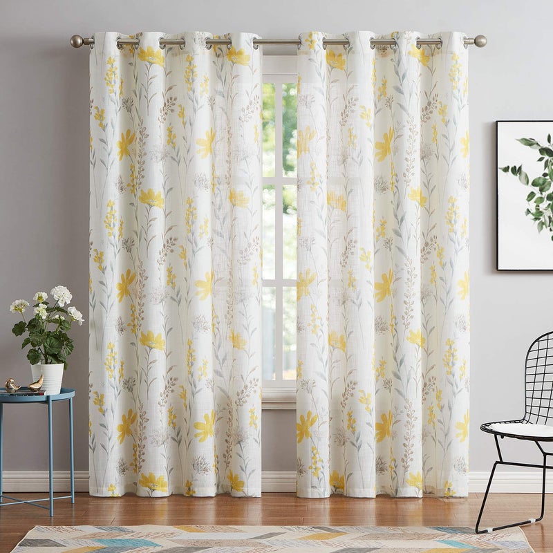 July Joy يوليو الفرح المطبوع الستائر المطلقة من الكتان المحكم لغرفة المعيشة تصميم أوراق الأزهار تصميم مزرعة النمط الستائر لوحة الستائر مجموعة جروم لعلاج غرفة نوم 52 × 84 بوصة أصفر - Image 1