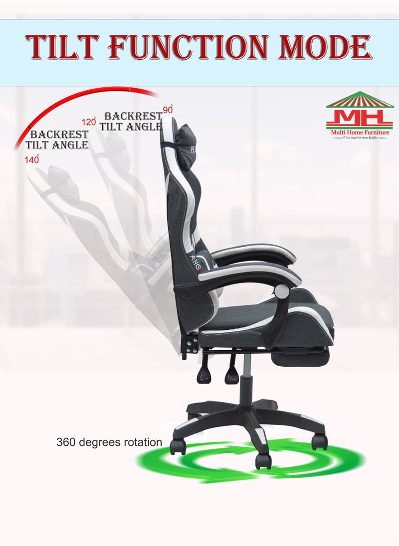 Multi Home Furniture - Best Executive Gaming Chair with Retractable Modern design Without footrest and cusion  For Video Gaming Without Footrest and  For PC With adjustable Height and Fully Reclining Back And Head Rest For ADULTS (10 TO 20) Years MH-FR34-Grey/White - Image 1
