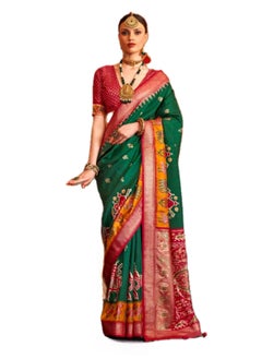 Traditional Green Silk Saree With Red Patola Design And Border Plus Unstitched  Red Printed Blouse