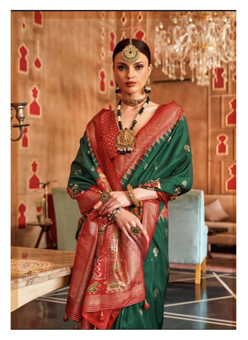 Grab Mantra - Traditional Green Silk Saree With Red Patola Design And Border Plus Unstitched  Red Printed Blouse - Image 1