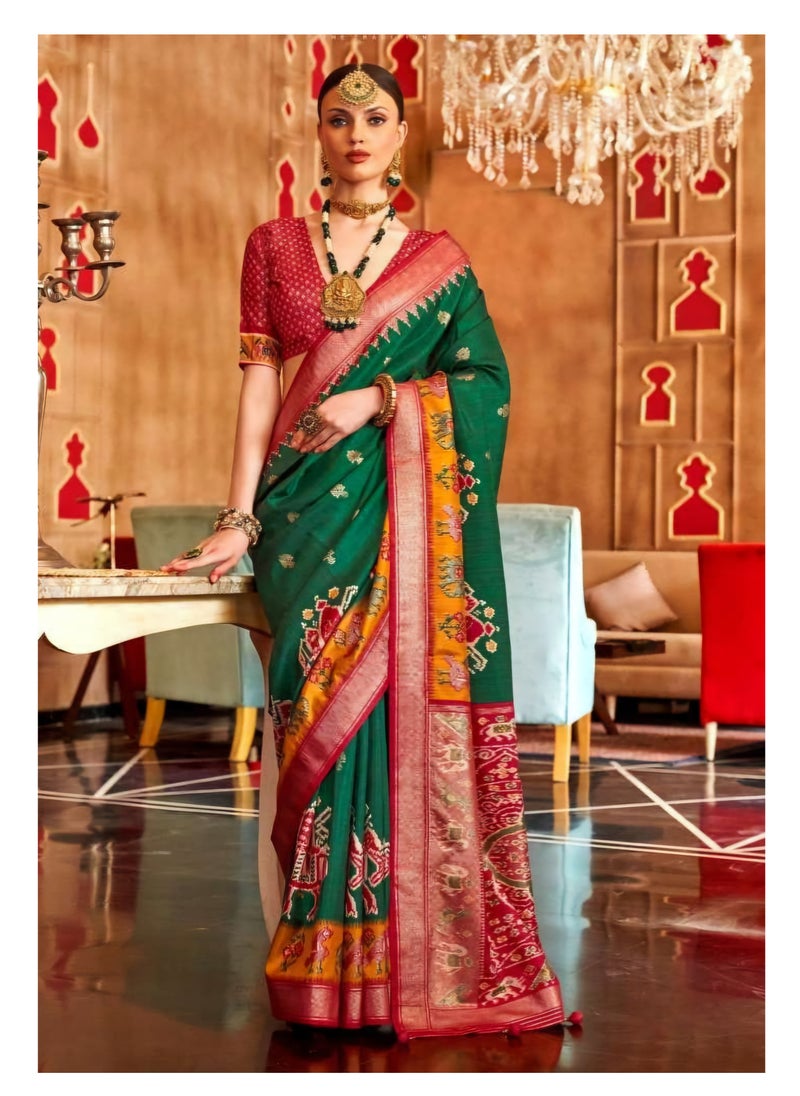 Grab Mantra - Traditional Green Silk Saree With Red Patola Design And Border Plus Unstitched  Red Printed Blouse - Image 1