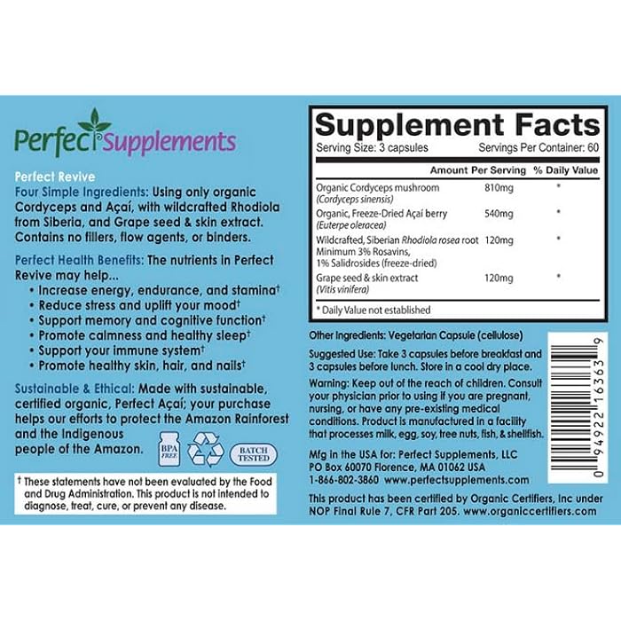Perfect Supplements – Perfect Acai Revive – 180 Capsules – Organic Acai, Cordyceps, Grape Seed Extract & Rhodiola Rosea - Image 2