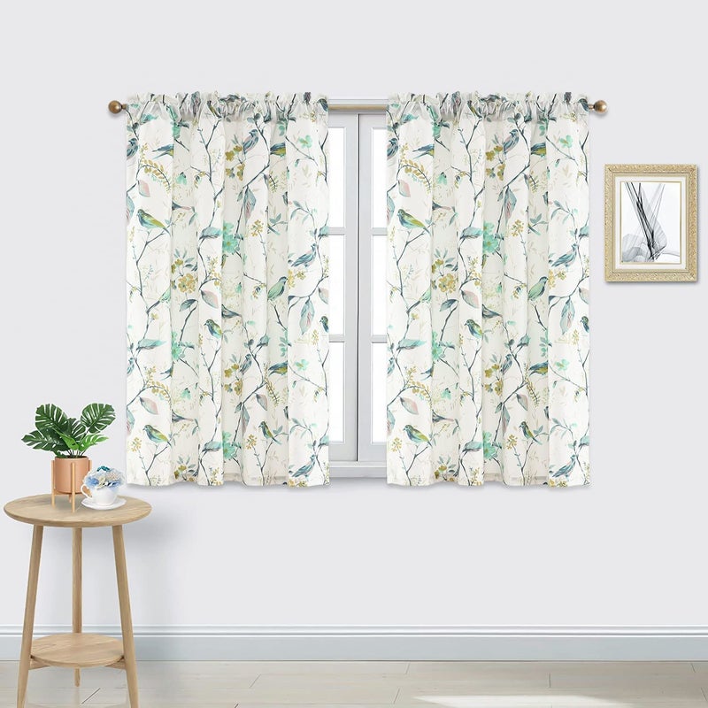 VOGOL Small Curtains Drapes Classic Green Birds and Colorful Flowers Window Treatment Light Filtering Panels for Kids Room Living Room 42 x 45 Set of 2 Green