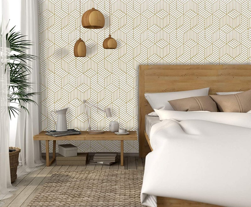 FOKRIM Gold and White Geometric Wallpaper for Walls Sticker 45.5x300.5cm (14-SQFT) Peel and Stick, Removable Self Adhesive, Waterproof Wallpaper, Elegant Wall Decor for Home and Office - Image 5