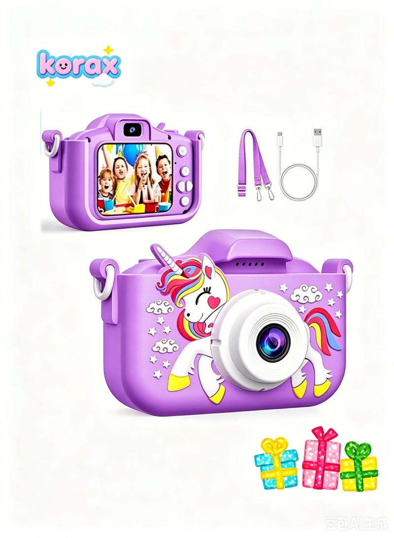 KORAX Kids Camera Toys for 3-12 Years Old Boys Girls Children,Portable Child Digital Video Camera with Silicone Cover (Purple) - Image 1
