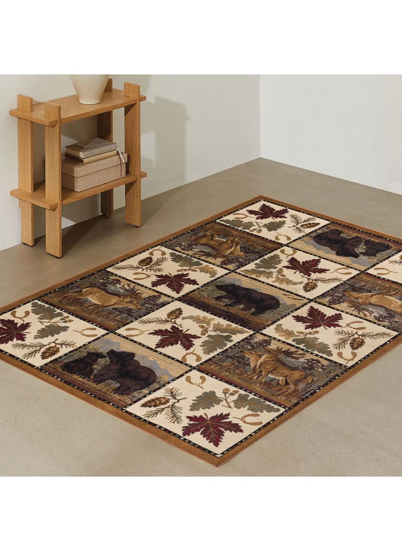 Vagonik Vintage Wild Nature Patterned Digital Printed Carpet Non-Slip Base Washable Carpet