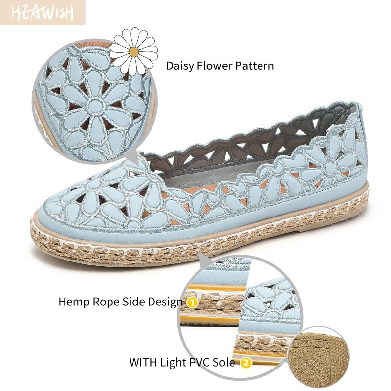 HEAWISH Womenâ€™s Ballet Flat Daisy Round Toe Dress Shoes Casual Slip On Rope Loafer(Blue, US8) - Image 3