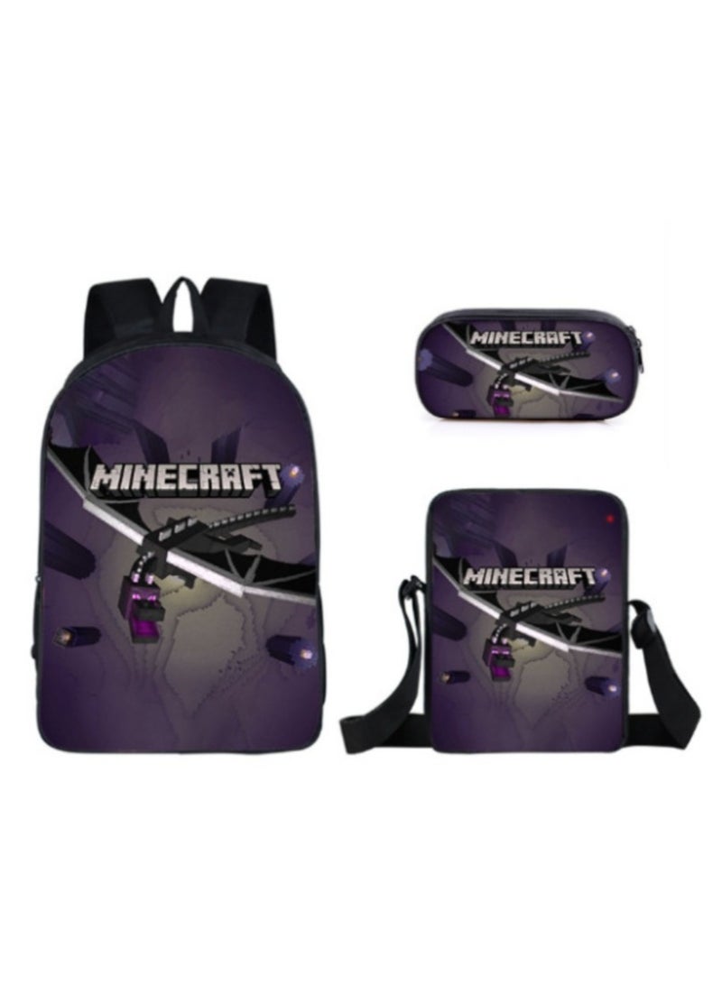 ماين كرافت حقيبة ظهر ذات طباعة رقمية ذات سعة كبيرة، مجموعة من ثلاث قطع، حقيبة غداء، حقيبة قلم، بوليستر، حقيبة ظهر مريحة لتقليل الحمل للطلاب والأطفال للجنسين - Image 1