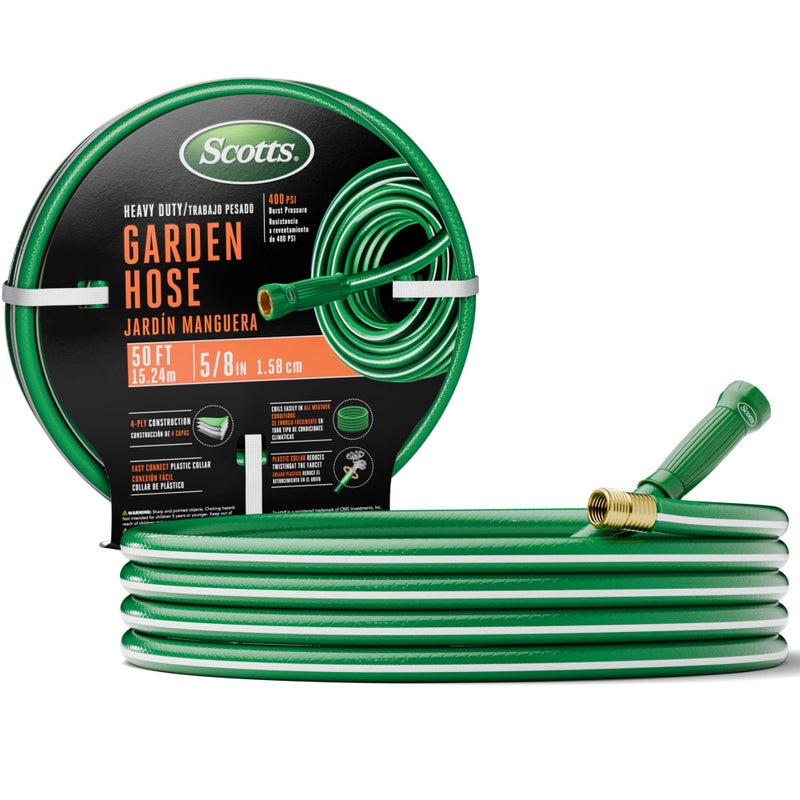 Scotts 50 ft. Heavy Duty Garden Hose â€“ 5/8 in. Diameter, 4-Ply, 400 PSI High-Pressure, Easy-to-Coil Water Hose with Crush-Resistant Couplings and Twist-Resistant Collar for Lawn and Garden - Image 1