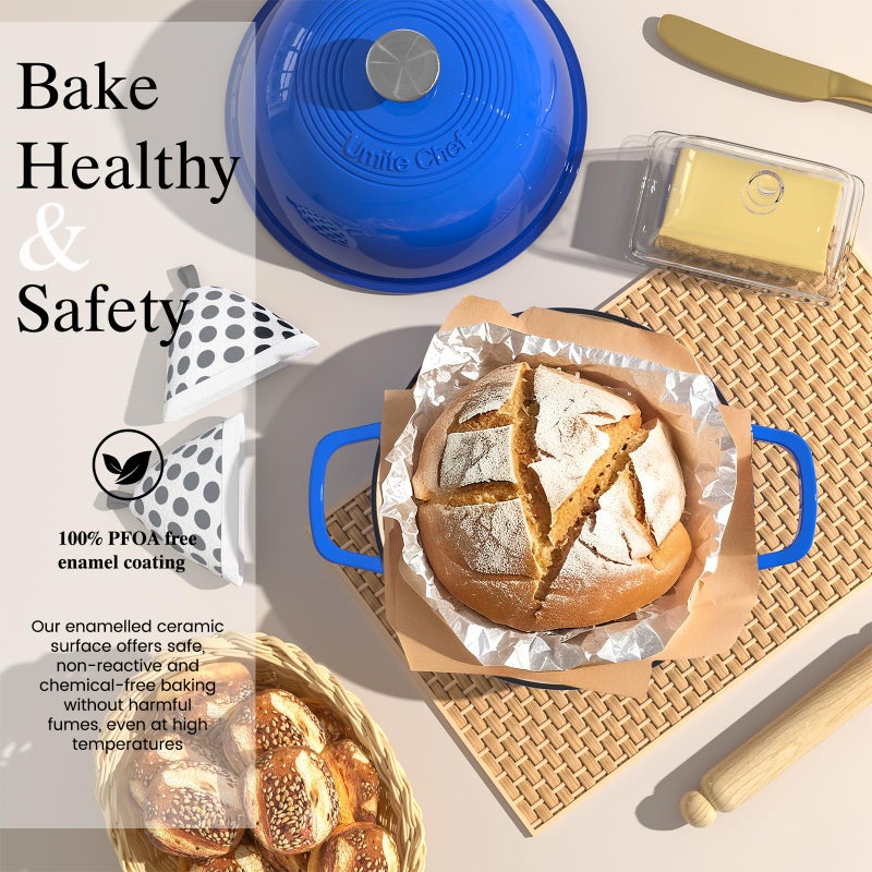 Umite Chef Enamelled Cast Iron Dutch Oven Pot â€“ Dutch Oven Pot with Lid For Sourdough Bread Baking â€“ Cast Iron Bread Oven â€“ Dark Blue, Umite Chef 6QT Pot with Lid & Cotton Potholders - Image 2