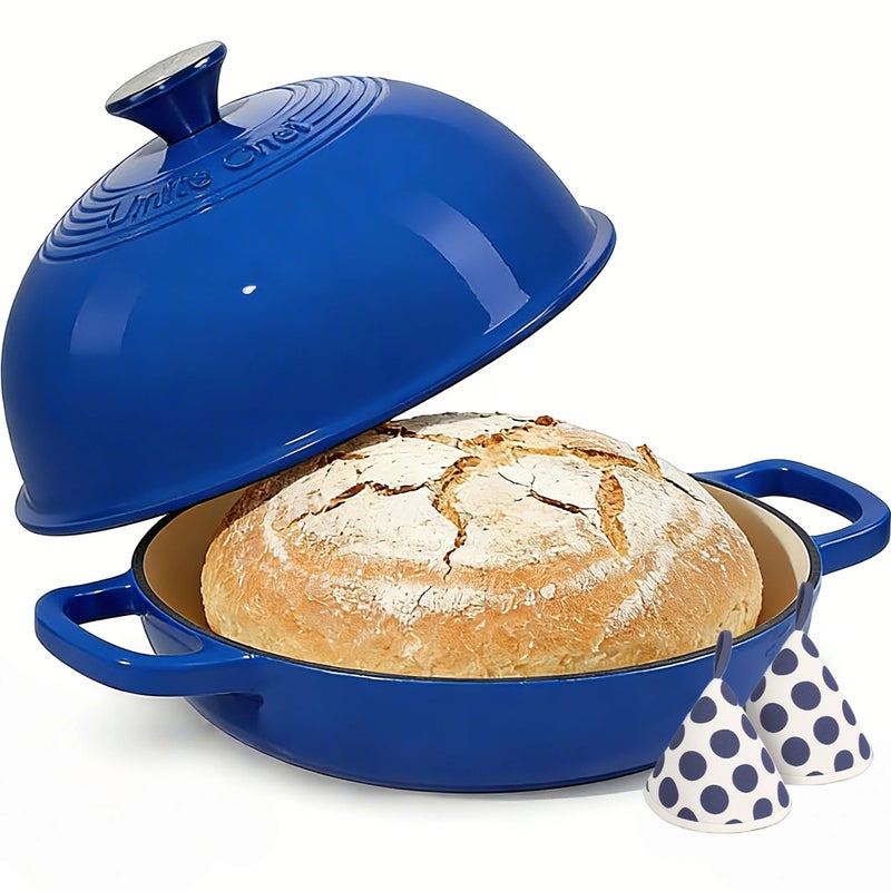 Umite Chef Enamelled Cast Iron Dutch Oven Pot â€“ Dutch Oven Pot with Lid For Sourdough Bread Baking â€“ Cast Iron Bread Oven â€“ Dark Blue, Umite Chef 6QT Pot with Lid & Cotton Potholders - Image 1