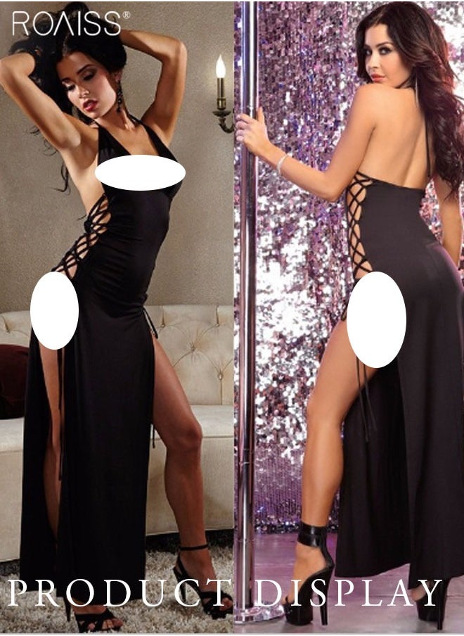 roaiss 2-Piece Women's Silvery Translucent Halter Dress + Hollowed-Out Lace Halter Split Dress  - Image 5